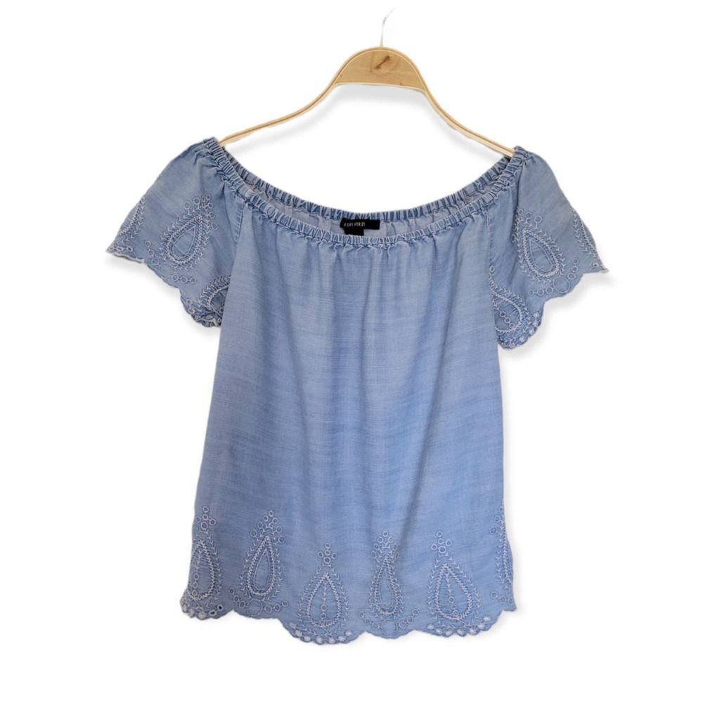 Embroidered Off Shoulder Top Chambray‎ forever 21